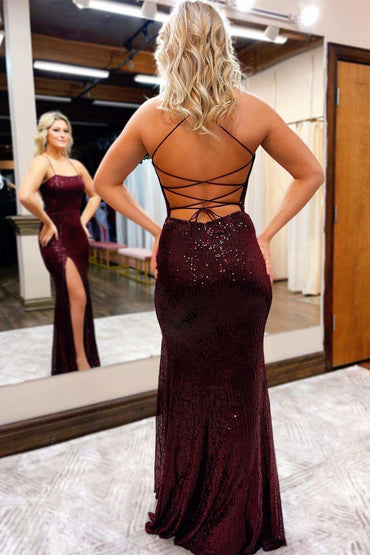 Roycebridal Burgundy Sequin Lace-Up Back Long Prom Dress with Slit