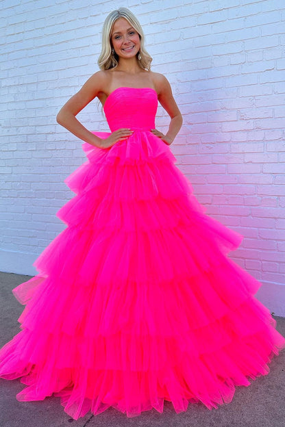 Roycebridal Daleyza |A-Line Strapless Tiered Tulle Prom Dress with Ruffles