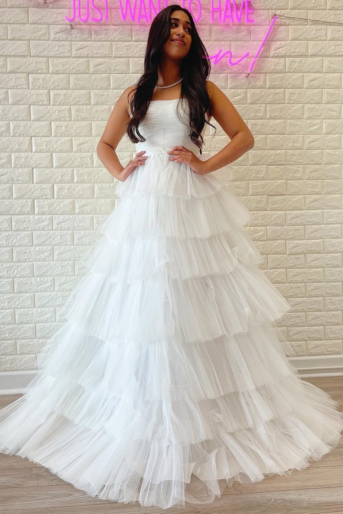 Roycebridal Daleyza |A-Line Strapless Tiered Tulle Prom Dress with Ruffles