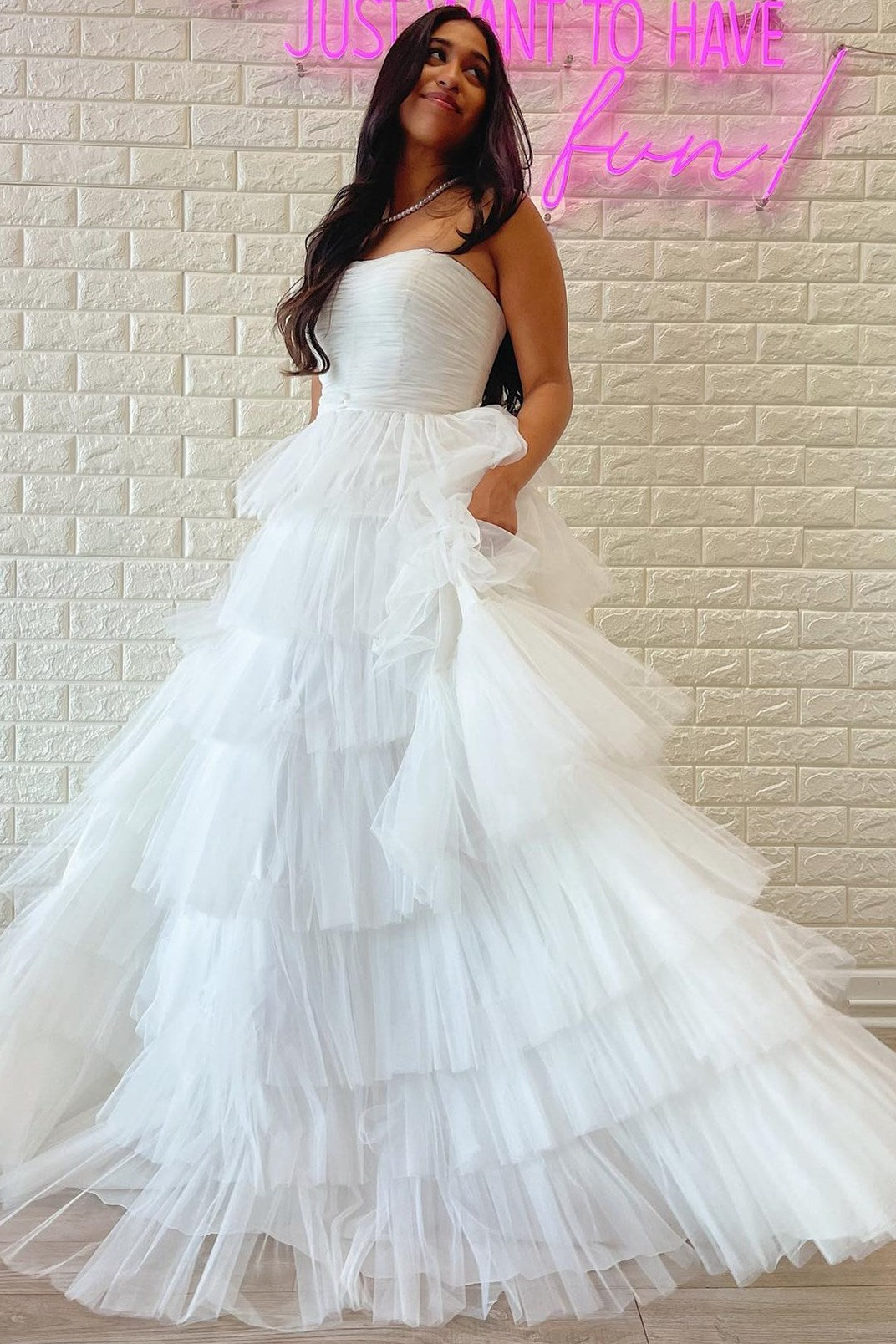 Roycebridal Daleyza |A-Line Strapless Tiered Tulle Prom Dress with Ruffles