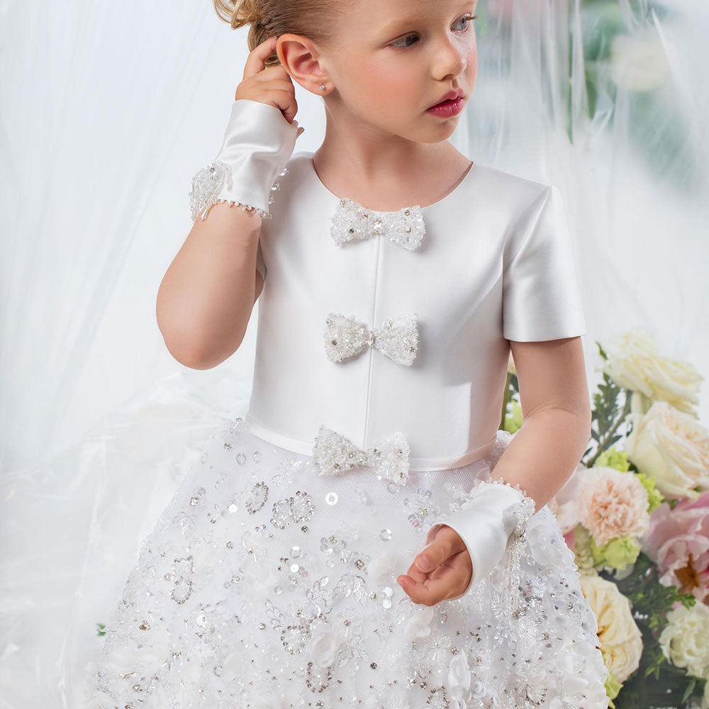 Roycebridal Luxury Arabic White Girl Dress Bow Handmade Flowers with Glove Baby Kid Princess Wedding Birthday Party Gown 2025 J357