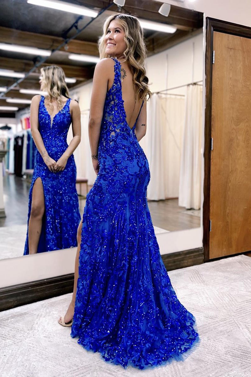 Roycebridal Avianna |Mermaid V Neck Sequined Lace Prom Dress with Slit