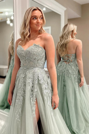 Roycebridal Beulah | A-Line Sweetheart Sage Green Tulle Lace Long Prom Dresses