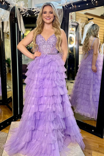 Roycebridal Marissa | Lavender Appliques V-Neck Ruffle Tiered Long Prom Dress