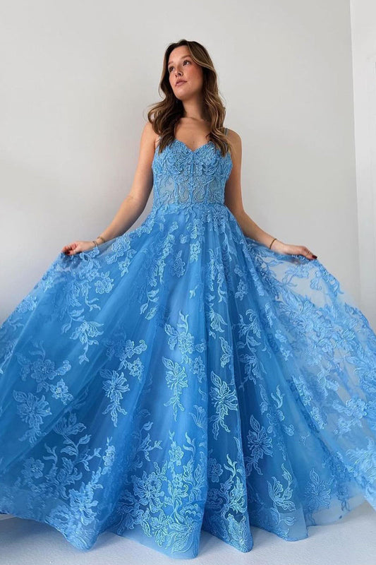 Roycebridal Blue Spaghetti Straps Tulle Appliques Long Prom Dresses