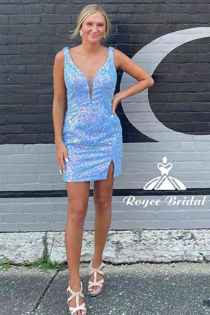 Yolande |Sheath Sky Blue Sequins Homecoming Dress