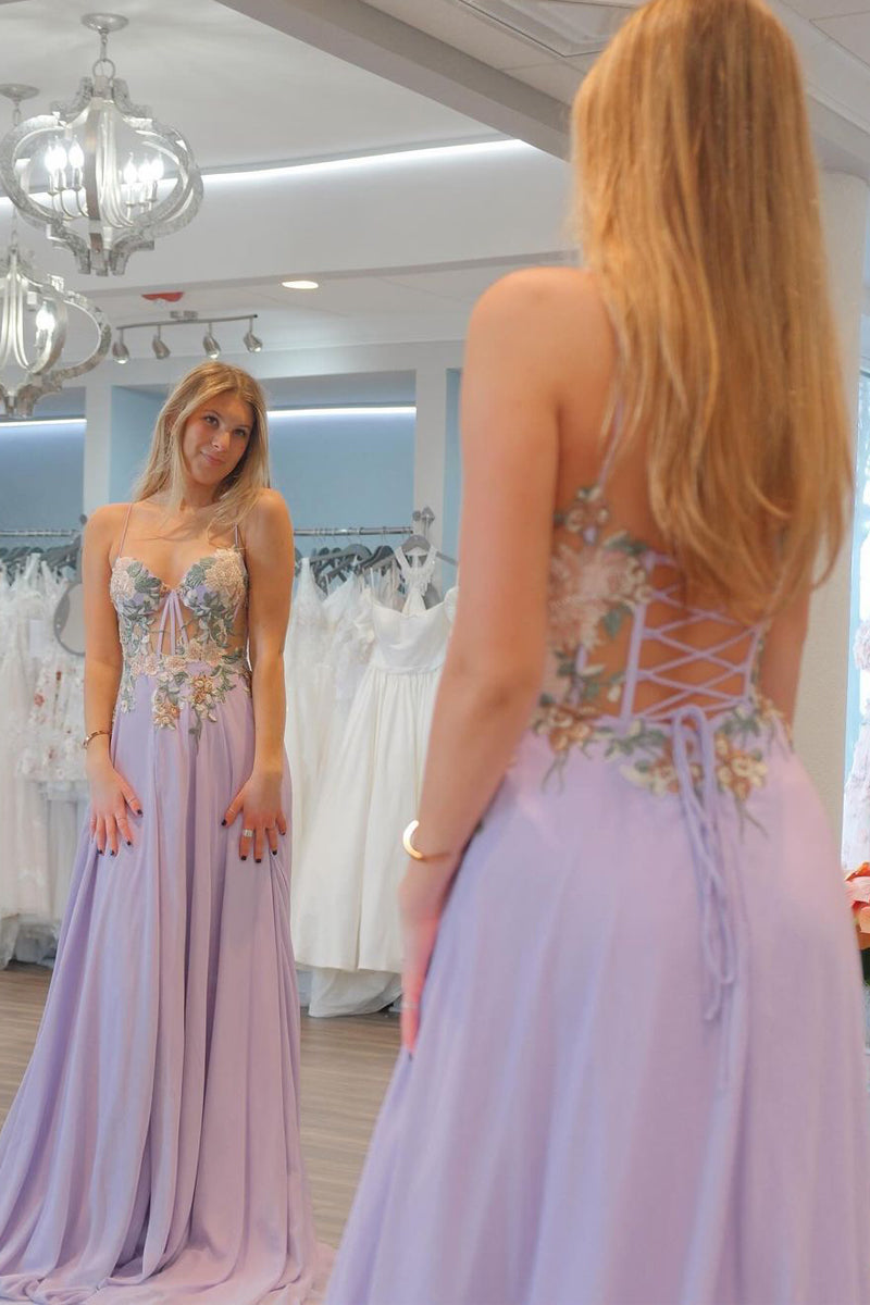 Roycebridal Lilac Sweetheart Chiffon Long Prom Dresses with Appliques