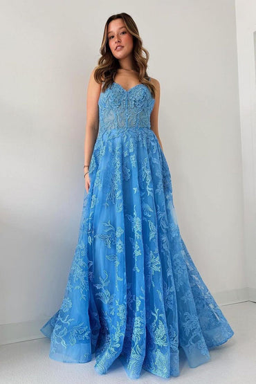 Roycebridal Blue Spaghetti Straps Tulle Appliques Long Prom Dresses