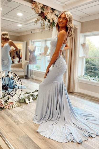 Roycebridal Mermaid Tie Back Light Blue Long Prom Dress