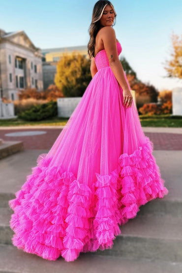 Roycebridal Rachael | Pink Sweetheart Tiered Tulle Long Prom Dresses