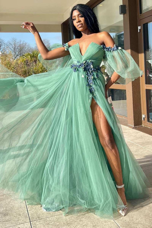 Roycebridal Whitley | Green Tulle 3D Floral Lace Off-the-Shoulder A-Line Long Prom Dress