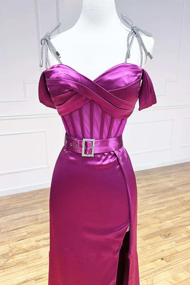 Roycebridal Magenta Sweetheart Belted A-Line Prom Dress with Slit