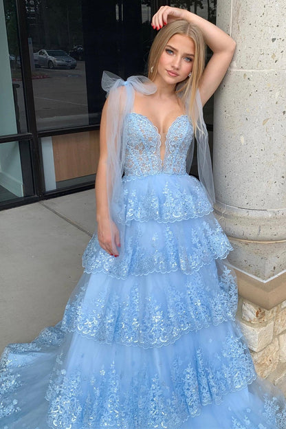 Roycebridal Thelma | Light Blue Tulle Appliques Tying Strap Ruffle Tiered Long Prom Dress