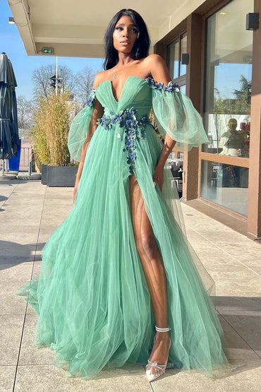 Roycebridal Whitley | Green Tulle 3D Floral Lace Off-the-Shoulder A-Line Long Prom Dress