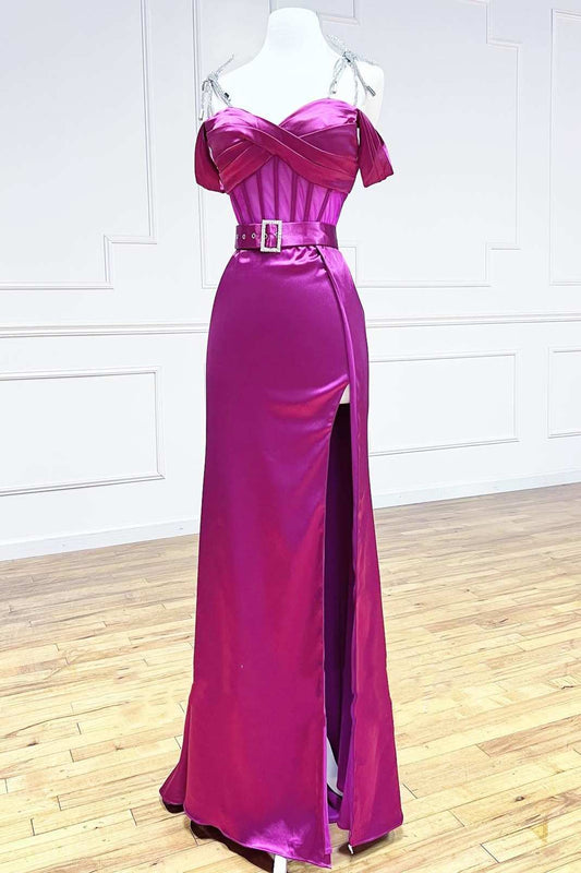 Roycebridal Magenta Sweetheart Belted A-Line Prom Dress with Slit