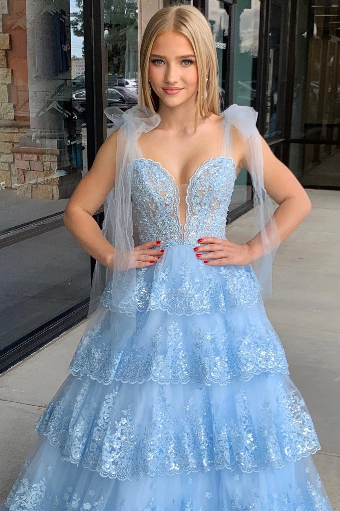 Roycebridal Thelma | Light Blue Tulle Appliques Tying Strap Ruffle Tiered Long Prom Dress