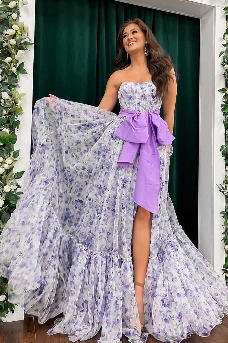 Roycebridal Chic Floral Printed Chiffon Strapless Long Prom Dresses with Slit