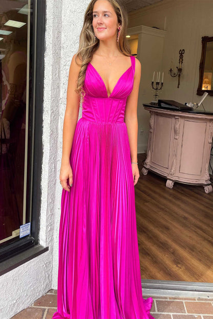 Roycebridal Luella | A-Line V-Neck Fuchsia Pleated Long Prom Dress