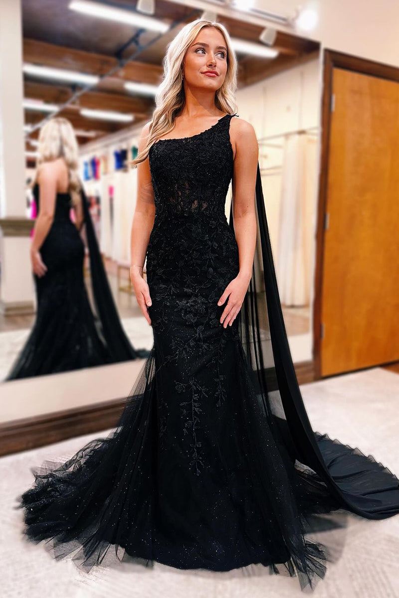 Roycebridal Black One Shoulder Appliques Mermaid Long Prom Dresses