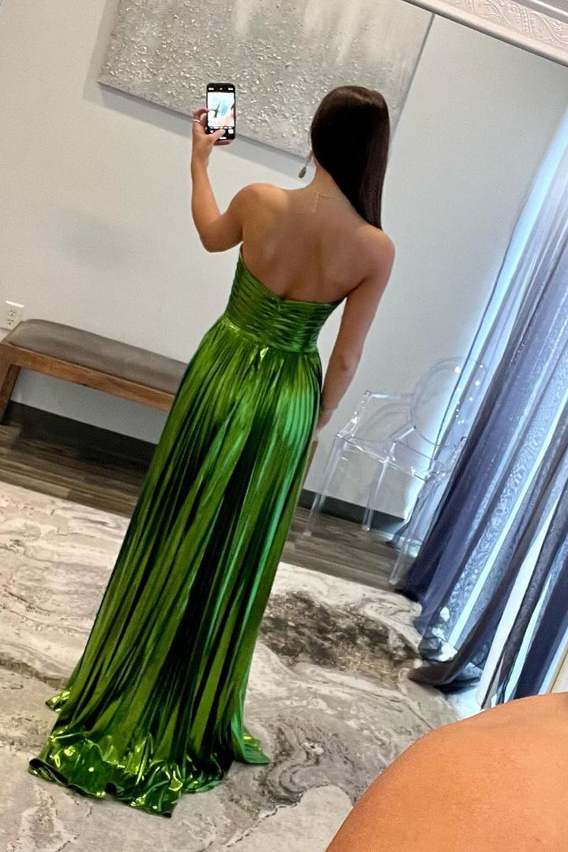 Roycebridal Oakley | Green Metallic Strapless Pleated A-Line Long Prom Dresses