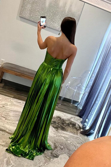 Roycebridal Oakley | Green Metallic Strapless Pleated A-Line Long Prom Dresses