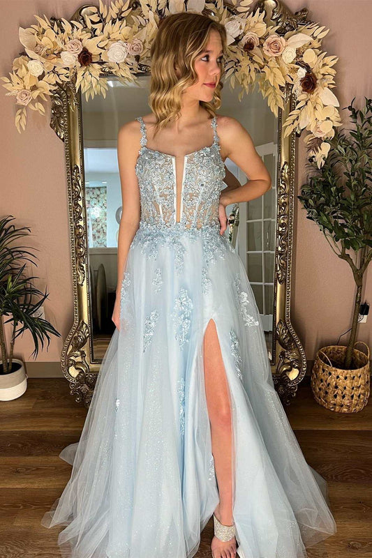 Roycebridal Tammy | Light Blue Floral Lace Split Neck A-Line Prom Dress with Slit