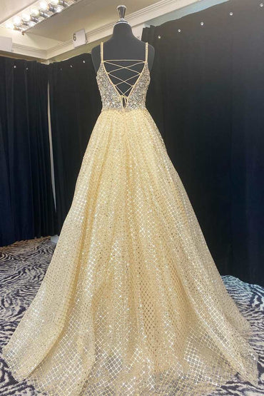 Fairy-Tale Yellow Beaded Plunge Neck A-Line Prom Gown