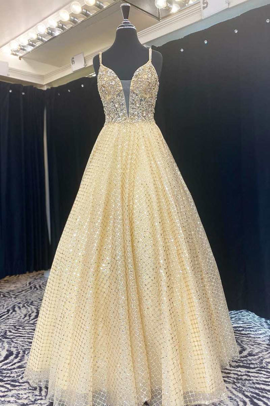 Fairy-Tale Yellow Beaded Plunge Neck A-Line Prom Gown