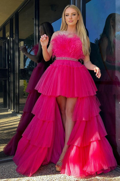 Roycebridal Marie| Fuchsia A-line High-Low Strapless Ruffled Tulle Prom Dress with Feathers