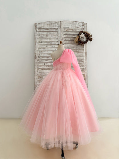 Ball Gown One Shoulder Draping Pink Tulle Wedding Flower Girl Dress