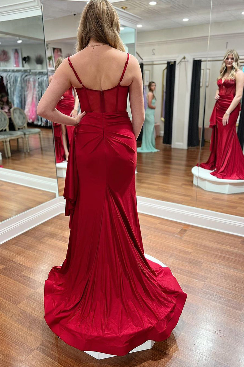 Roycebridal Dark Red Sweetheart Satin Mermaid Long Prom Dresses with Slit