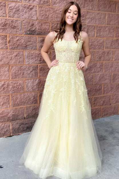 Roycebridal Laylah |A-Line Yellow Tulle Applique Lace-Up Prom Dress