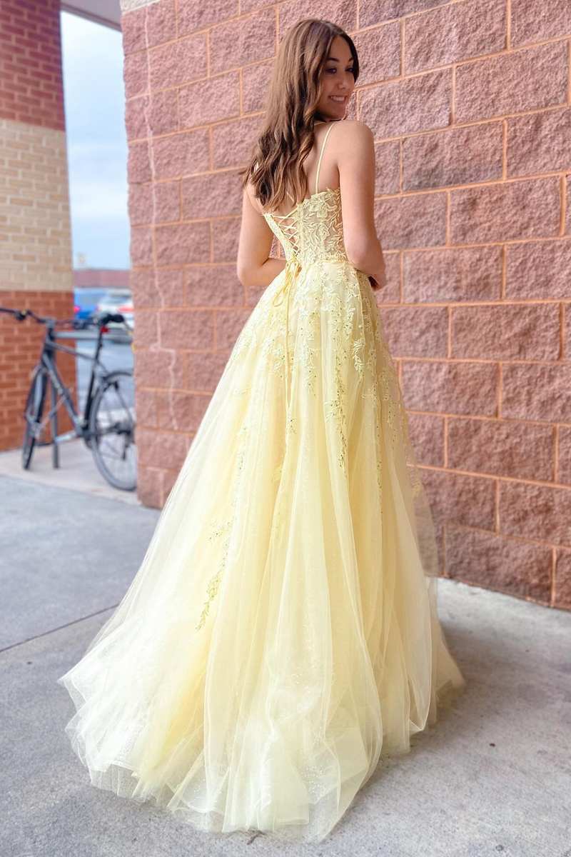 Roycebridal Laylah |A-Line Yellow Tulle Applique Lace-Up Prom Dress