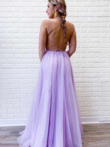 Roycebridal A Line Purple Backless Tulle Long Prom Dress