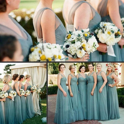 Roycebridal Sheath Floor-Length Tulle Dusty Blue Bridesmaid Dresses Sleeveless