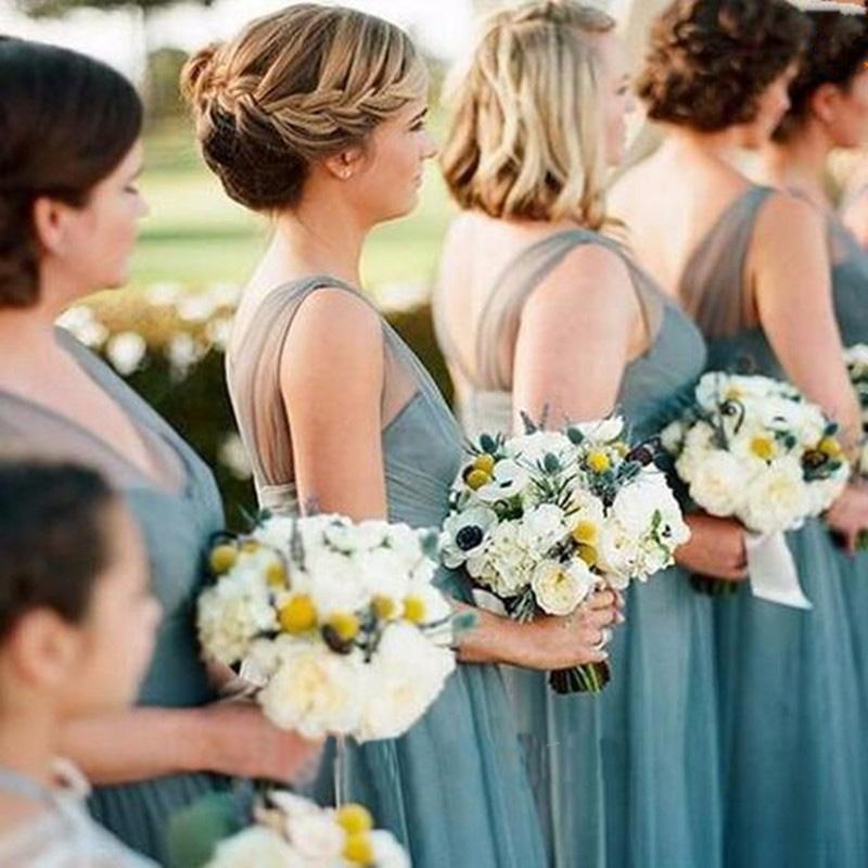 Roycebridal Sheath Floor-Length Tulle Dusty Blue Bridesmaid Dresses Sleeveless