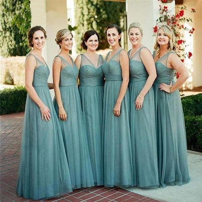 Roycebridal Sheath Floor-Length Tulle Dusty Blue Bridesmaid Dresses Sleeveless