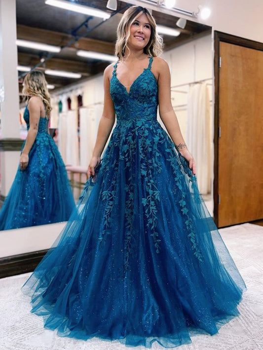 Roycebridal Veronica |A Line Ink Blue Glitter Tulle Lace Prom Dress