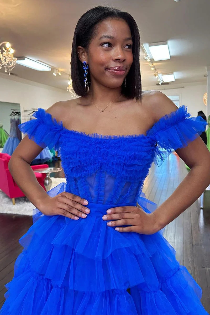 Roycebridal Adalynn | Royal Blue Off the Shoulder Ruffle Tiered Tulle Long Prom Dresses with Slit