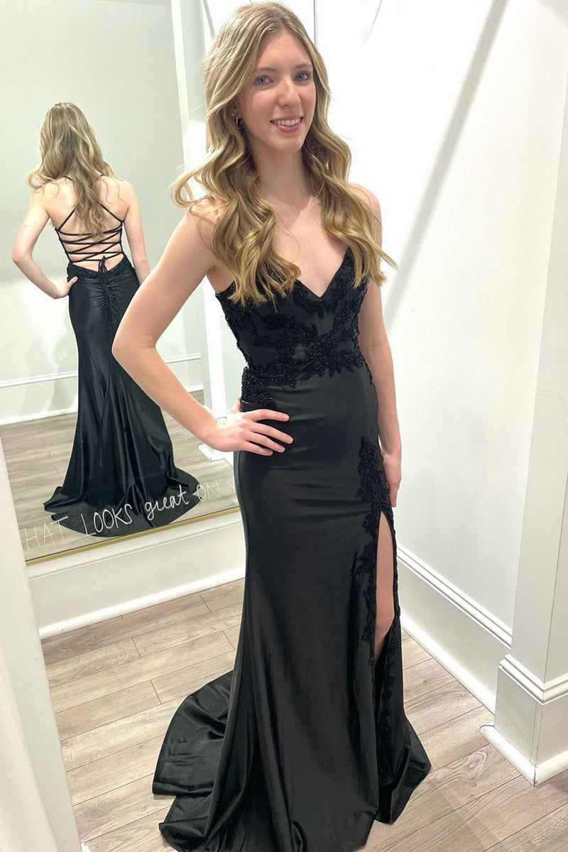 Roycebridal Black V Neck Satin Mermaid Long Prom Dresses with Slit