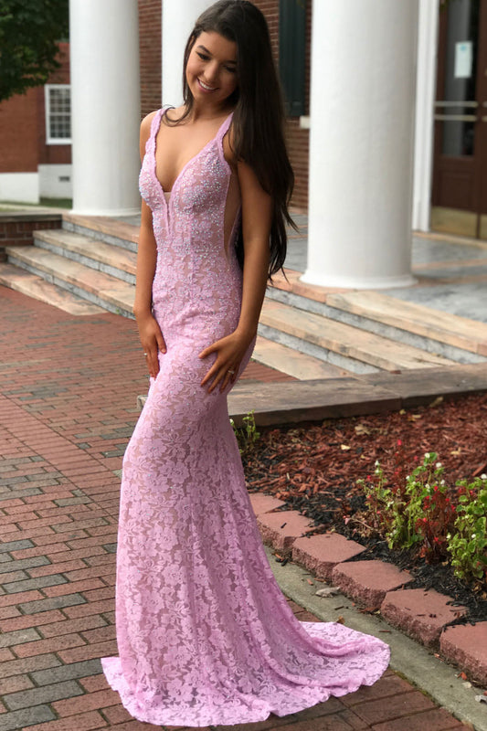 Roycebridal Luisa | Elegant Mermaid V-Neck Pink Lace Prom Dress