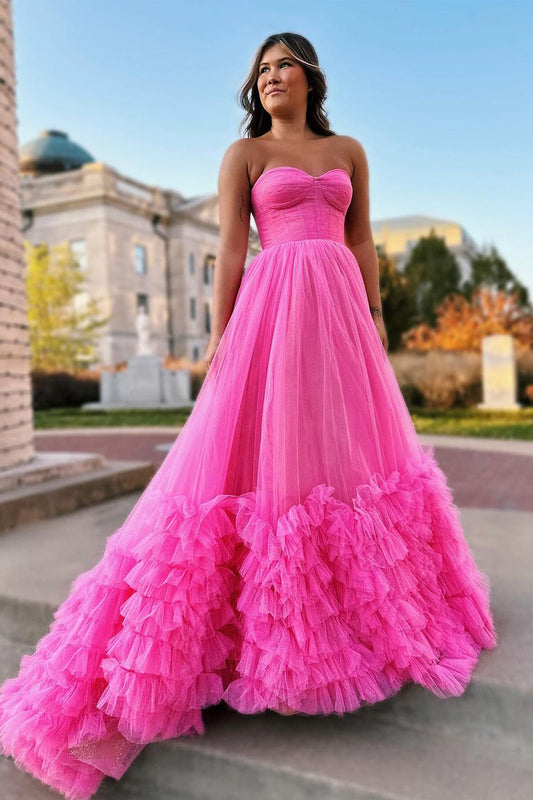 Roycebridal Rachael | Pink Sweetheart Tiered Tulle Long Prom Dresses