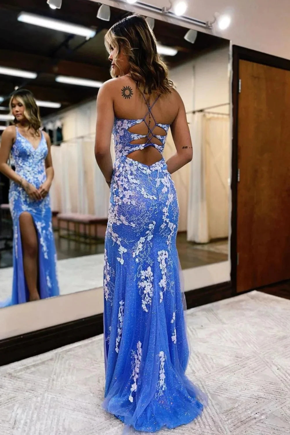 Roycebridal Ainhoa | Glitter Blue Mermaid Lace Long Prom Dress with Slit