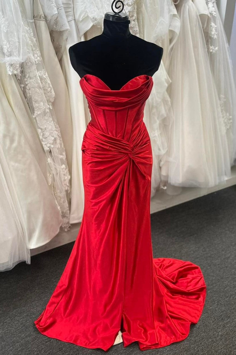 Leslie | Red Strapless Twist-Front Mermaid Long Dress with Slit