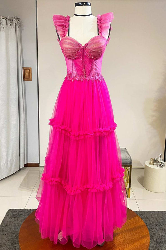 Roycebridal Magenta Tulle Ruffles Bustier A-Line Prom Dress