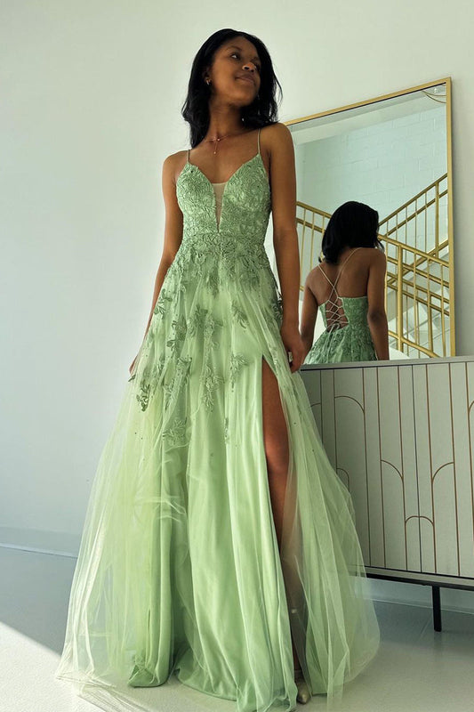 Roycebridal Sage Green V Neck Tulle A-Line Long Prom Dresses with Appliques