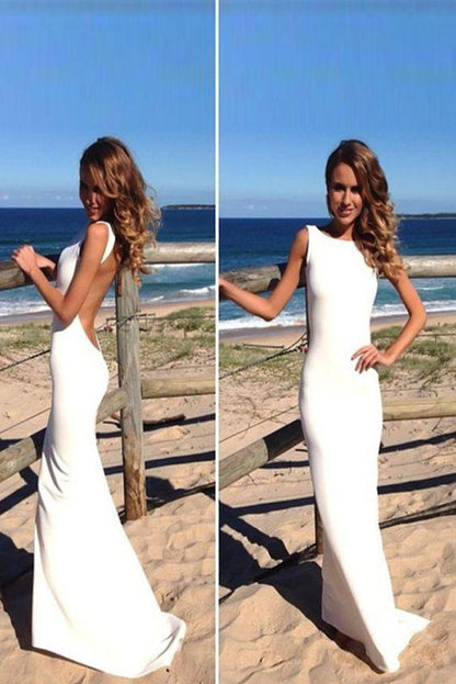 Simple White Sheath Sleeveless Backless Floor Length Beach Wedding Dresses, MW215