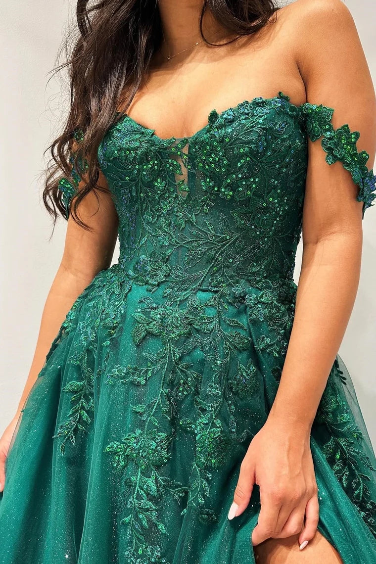 Roycebridal Elliana | Glitter Emerald Appliques Off-the-Shoulder A-Line Long Prom Dress