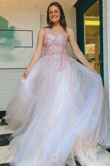 Roycebridal Ombre Tulle Floral Lace One-Shoulder A-Line Long Prom Dress