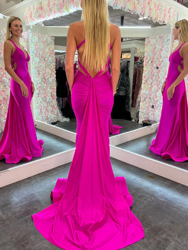 Roycebridal Angela |Mermaid Pink V Neck Backless Satin Long Prom Dress